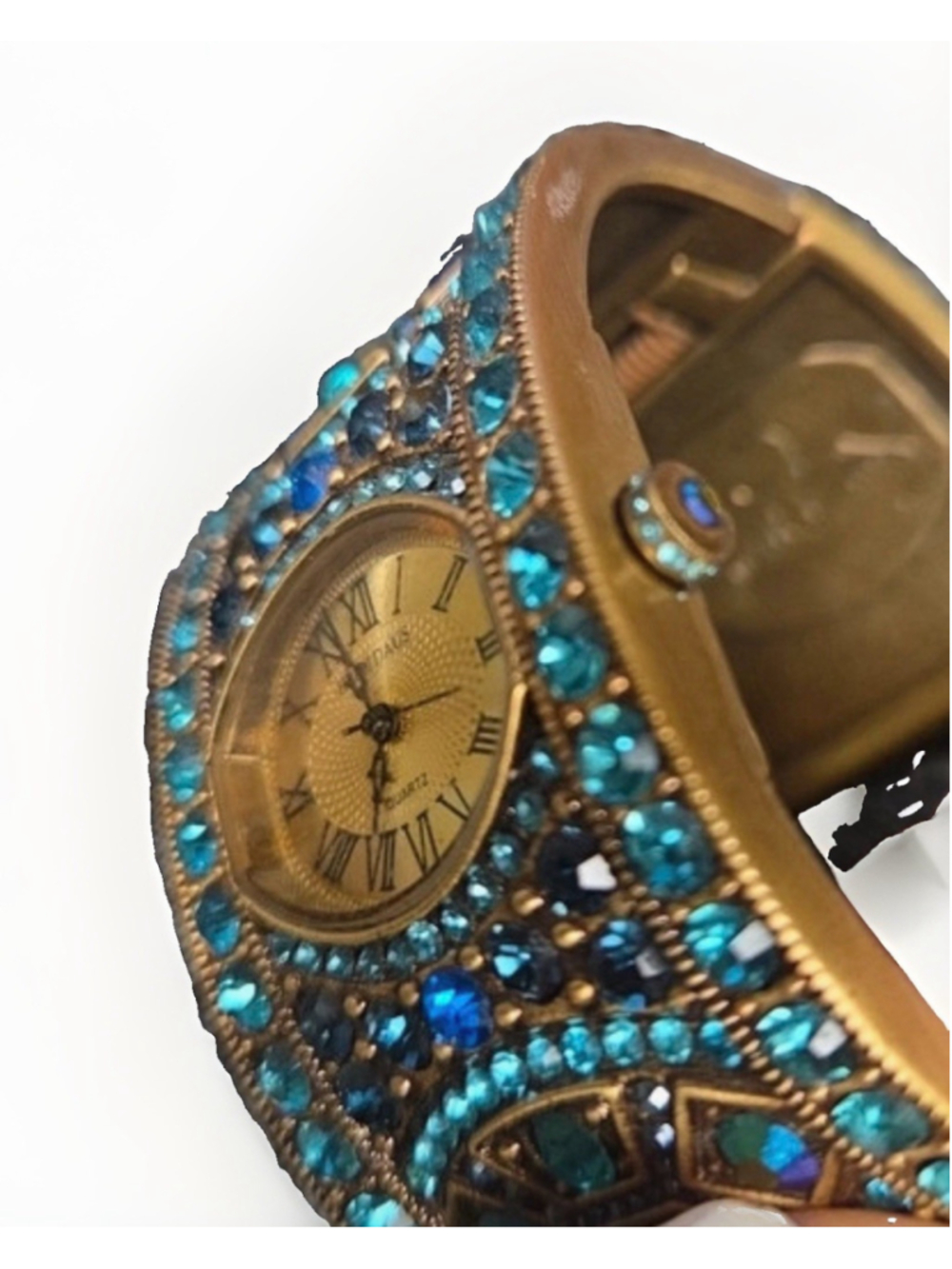 Vintage HEIDI DAUS Cuff Bracelet Watch Signed Blue Rhinestone Quartz GoldTone - Picture 2 of 6